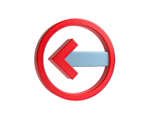 3D rendering of a red circle with a left-pointing arrow, isolated on black