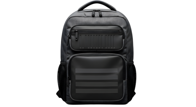 Modern black backpack with abstract pattern, isolated on transparent background