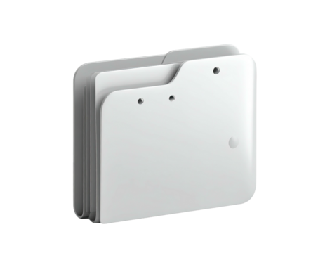 Minimalist, 3D-rendered, white folder with tab dividers, isolated against black