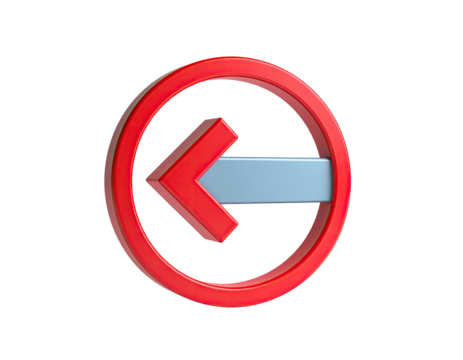 3D rendering of a red circle with a left-pointing arrow, isolated on black