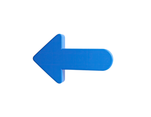 A blue, 3D arrow pointing left, set against a completely black background
