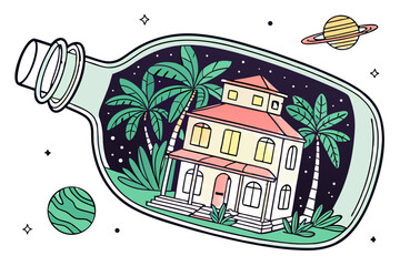 House inside a bottle with palm trees and planets