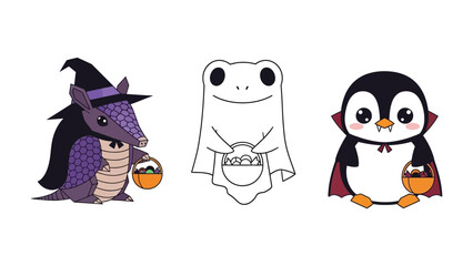 Spooky Trio's Halloween Spirit: A whimsical assortment of cartoon characters—an armadillo in a witch's hat, a ghost frog, and a penguin in a vampire cape—gather with their treat baskets.
