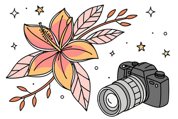 Camera and hibiscus flower with stars