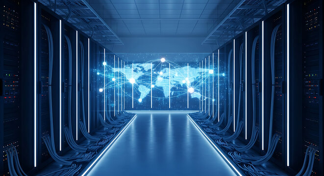 Server Room with World Map Display and Blue Neon Lighting data center technology - Powered by Adobe