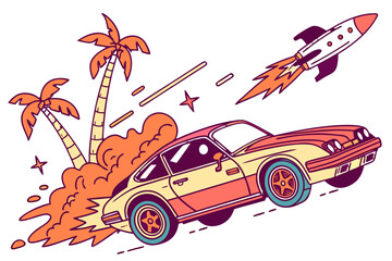 Retro sports car with rocket and palm trees