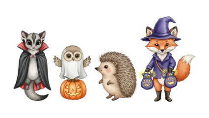 Halloween Creature Parade: A charming cartoon captures the whimsical essence of Halloween, showcasing a friendly vampire sugar glider, a spectral owl, a cuddly hedgehog, and a sly fox.