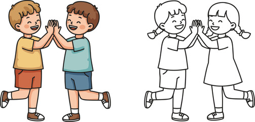 Cartoon children giving high five, happy boys and girls smiling together, friendship, teamwork, playful activity, childhood fun, imagination, outdoor entertainment, joy