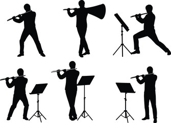 Silhouette flute players, musicians with music stands, flute performance, standing and dynamic © Noman Art