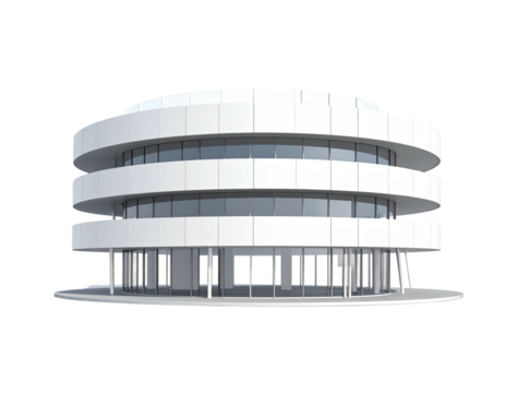 Modern, multi-level white building with large windows and minimalist design