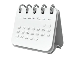 A 3D rendering of a white, spiral-bound desk calendar