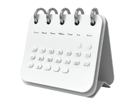 A 3D rendering of a white, spiral-bound desk calendar