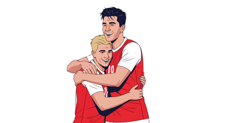 Illustration of two joyful soccer players embracing after a triumphant match victory celebration moment of unity and sportship dynamic teamwork
