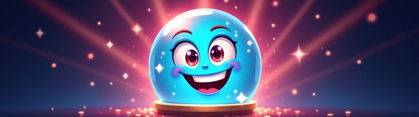 Cartoon blue crystal ball with a happy face and glowing eyes