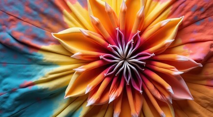 Brightly colored flower with a center of petals on a colorful cloth