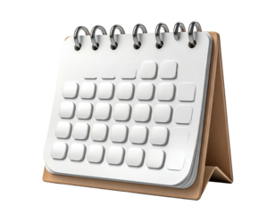 A glossy 3D rendered desk calendar, paper pages, spiral binding, on brown stand