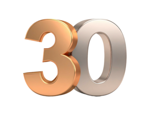 Shiny metallic "30" on a black background, gold and silver numbers, 3D rendering
