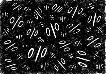 Abstract background with chaotically scattered percentage symbols. The dense black hatching creates a textured background, while the white, hand-drawn symbols. Perfect for discount and sale themes.