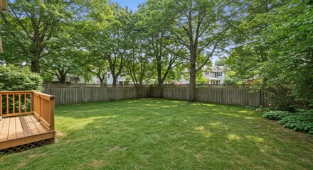 Lush green backyard scene with wooden deck and fence surrounded by trees