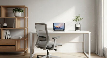 Bright minimalist home office setup with desk, chair, and shelving unit.