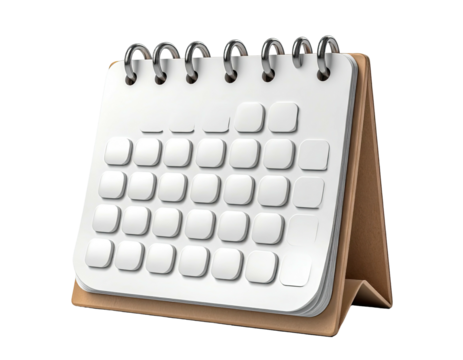 A glossy 3D rendered desk calendar, paper pages, spiral binding, on brown stand