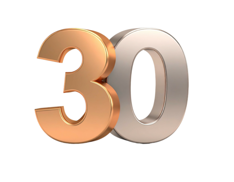 Shiny metallic "30" on a black background, gold and silver numbers, 3D rendering - Powered by Adobe