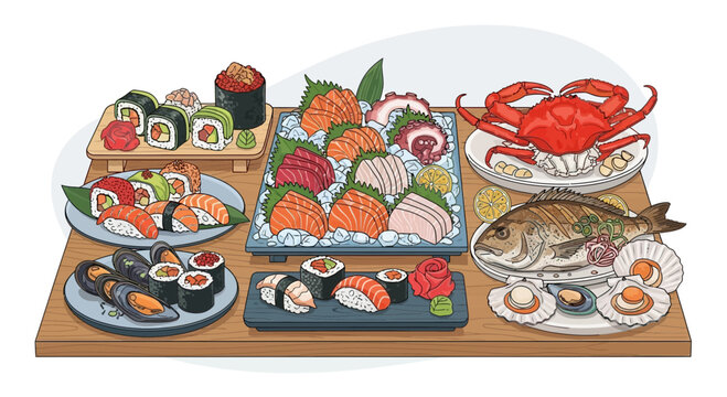 Variety of sushi and seafood dishes.