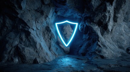Glowing neon shield within a dark rocky cave environment
