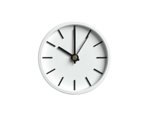 A white, minimalist wall clock displays the time ten minutes past ten