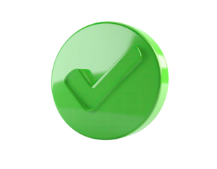 Glossy 3D green checkmark inside a circle against a black background