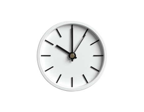 A white, minimalist wall clock displays the time ten minutes past ten