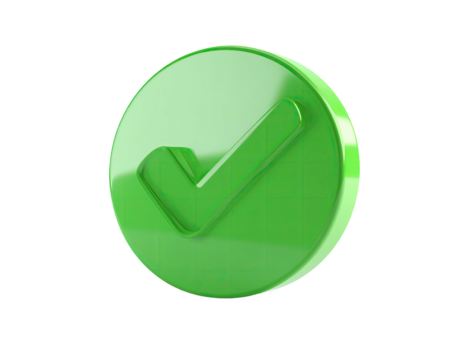 Glossy 3D green checkmark inside a circle against a black background
