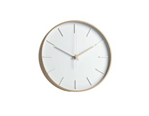Simple round wall clock with a light wood frame and minimal hands on a white face
