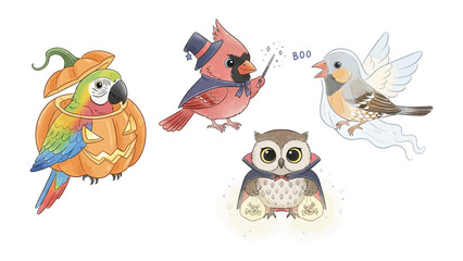 Whimsical Halloween Birds: A collection of adorable birds playfully embrace the Halloween spirit with costumes, creating a captivating scene of festive fun and fantasy.