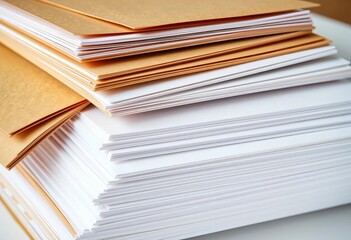 Naklejka premium Stack of crisp white papers and brown envelopes ready for mailing, white, card