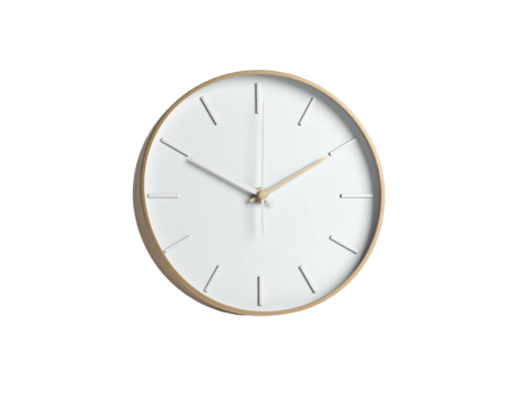 Simple round wall clock with a light wood frame and minimal hands on a white face