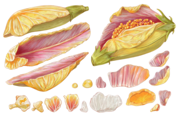 Botanical Illustration of Yellow and Red Flower Sections on Transparent Background Detailed Depiction of Floral Anatomy Artistic Rendering of Plant Parts Colorful Scientific Illustration Isolated