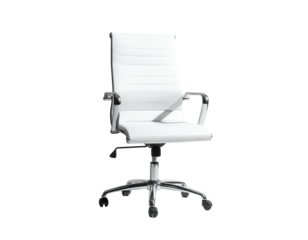 A modern white office chair with chrome base and armrests, isolated on black