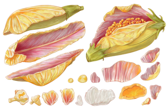 Botanical Illustration of Yellow and Red Flower Sections on Transparent Background Detailed Depiction of Floral Anatomy Artistic Rendering of Plant Parts Colorful Scientific Illustration Isolated