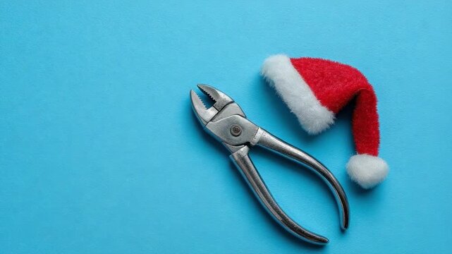 A pair of pliers with a Santa hat on a blue background.