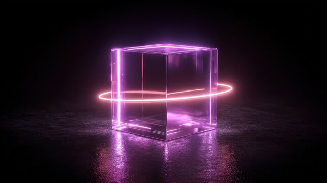 Glowing Pink Neon Cube with Circular Light Ring - Powered by Adobe