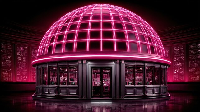 Glowing Pink Neon Dome Building at Night