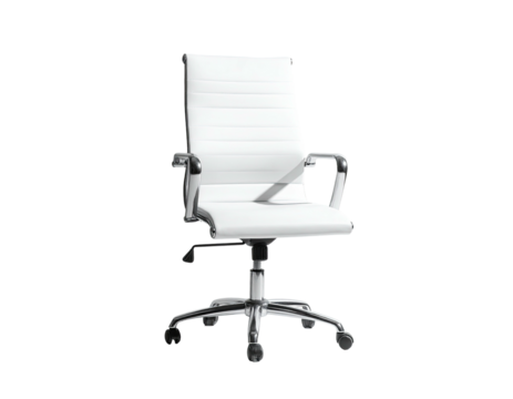 A modern white office chair with chrome base and armrests, isolated on black
