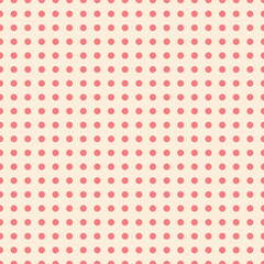 A seamless vector pattern featuring warm coral polka dots arranged in a clean grid on a cream pastel background. Perfect for packaging, stationery, or fabric prints.