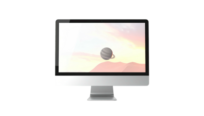 Silver desktop computer with a screen showing a planet over a colorful sunset