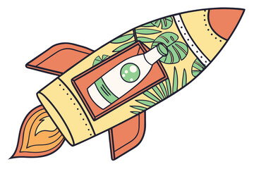 Retro rocket ship carrying a tropical drink