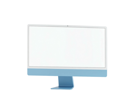 A modern desktop computer with a bright blank screen floating on a black background