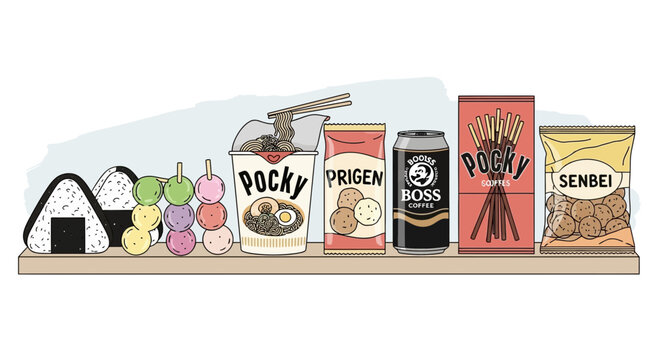 A colorful illustration of Japanese snacks on a shelf.
