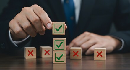 Business Decision Making: Check Marks and Cross Marks on Wooden Blocks
