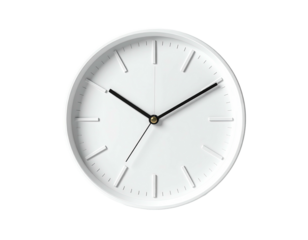 A minimalist white clock with black hands against a black background